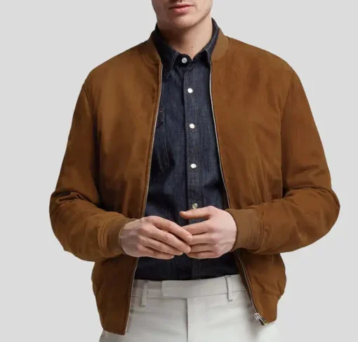 Men’s Tan Leather Suede Bomber Jacket