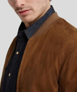 Men’s Tan Leather Suede Bomber Jacket