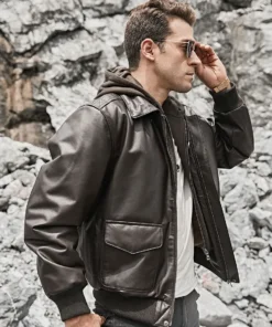 Patrick Air Mens Aviator Brown Hooded Real Leather Bomber Jacket