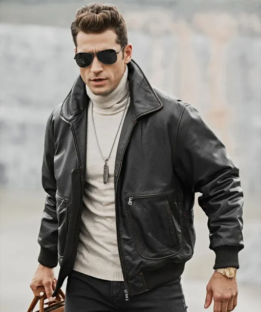 [show_sku] Weston Men’s Black Aviator Cowhide Leather Bomber Jacket