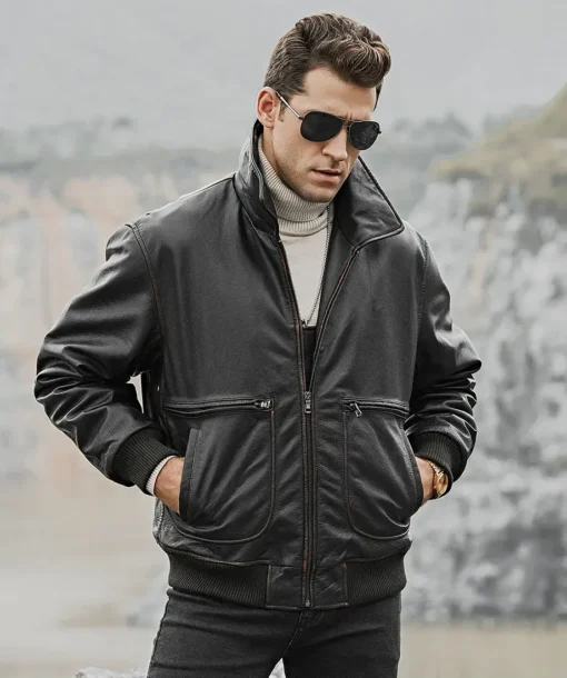 [show_sku] Weston Men’s Black Aviator Cowhide Leather Bomber Jacket