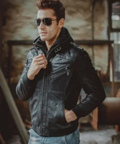 Men’s Black Bomber Leather Jacket with Hood