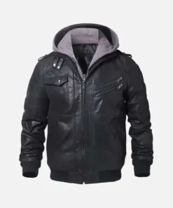 Men’s Black Bomber Leather Jacket with Hood