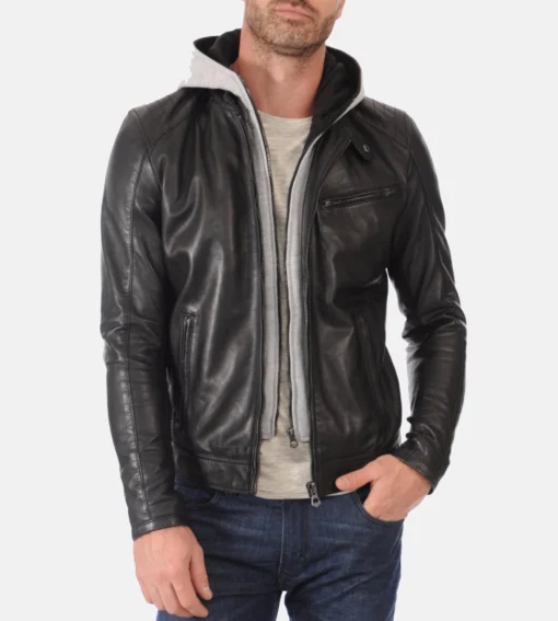 Men’s Alpha Black Hoodie Real Leather Jacket