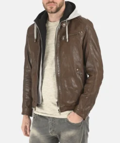 Winston Hallwell Brown Removable Hoodie Genuine Leather Jacket