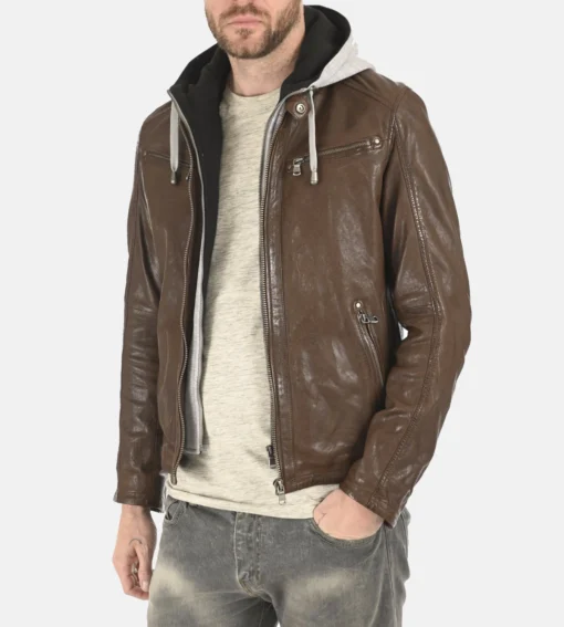 Winston Hallwell Brown Removable Hoodie Genuine Leather Jacket