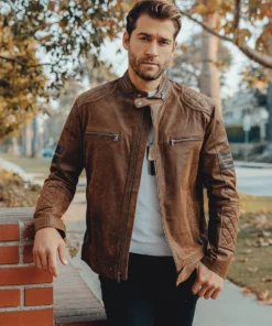 Denver Men’s Brown Bomber Leather Jacket Aviator with Removable Collar