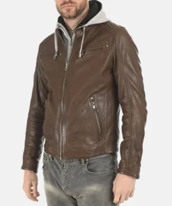 Winston Hallwell Brown Removable Hoodie Genuine Leather Jacket