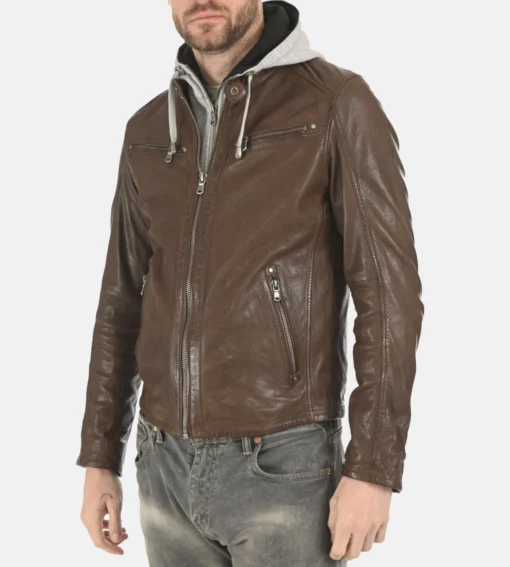 Winston Hallwell Brown Removable Hoodie Genuine Leather Jacket