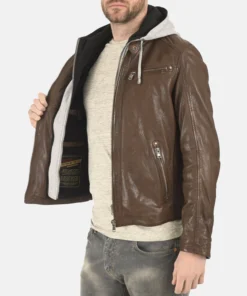 Winston Hallwell Brown Removable Hoodie Genuine Leather Jacket