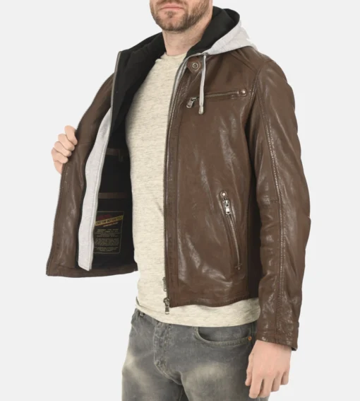 Winston Hallwell Brown Removable Hoodie Genuine Leather Jacket