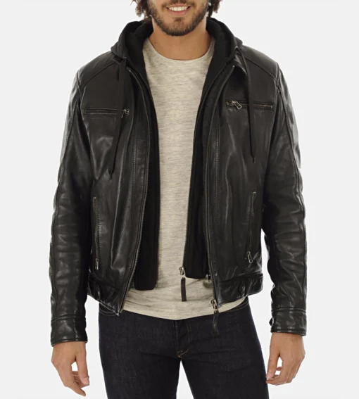 Men’s Eriko Black Hooded Genuine Lambskin Leather Jacket