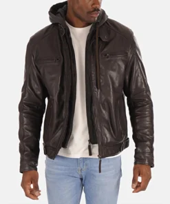 Men’s Eriko Dark Brown Hood Lambskin Leather Jacket