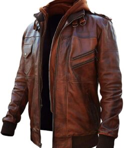 Men’s Slim Fit Bomber Hoodie Vintage Brown Biker Genuine Leather Jacket