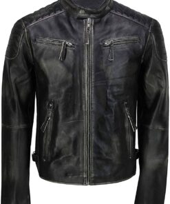 Mens Black Distressed Cafe Racer Leather Jacket