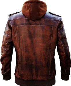 Men’s Slim Fit Bomber Hoodie Vintage Brown Biker Genuine Leather Jacket