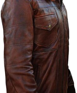 Men’s Slim Fit Bomber Hoodie Vintage Brown Biker Genuine Leather Jacket