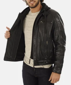 Men’s Eriko Black Hooded Genuine Lambskin Leather Jacket