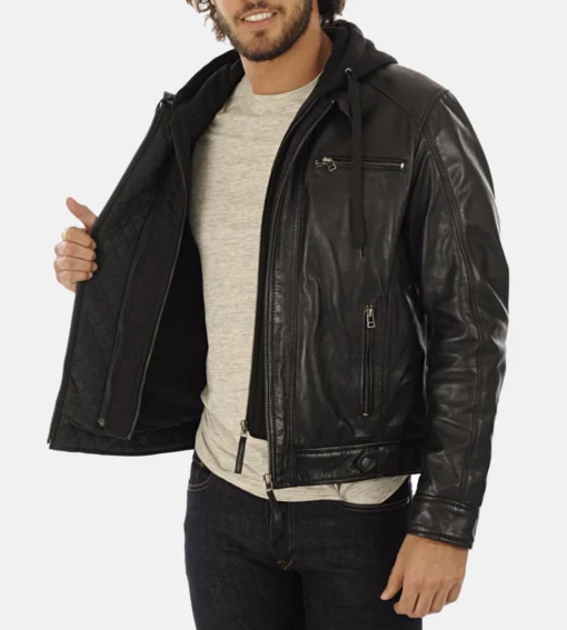 Men’s Eriko Black Hooded Genuine Lambskin Leather Jacket