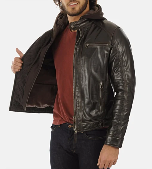 Men’s Eriko Brown Hooded Genuine Buffalo Leather Jacket