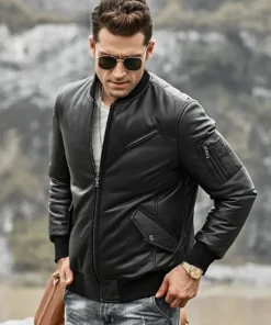 Austin Men’s Black Bomber Real Lambskin Leather Jacket