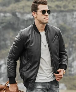 Austin Men’s Black Bomber Real Lambskin Leather Jacket