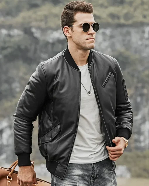 Austin Men’s Black Bomber Real Lambskin Leather Jacket