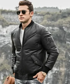 Austin Men’s Black Bomber Real Lambskin Leather Jacket