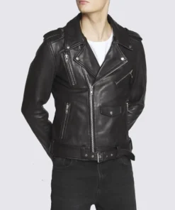 Trent Black Asymmetrical Belted Moto Leather Jacket