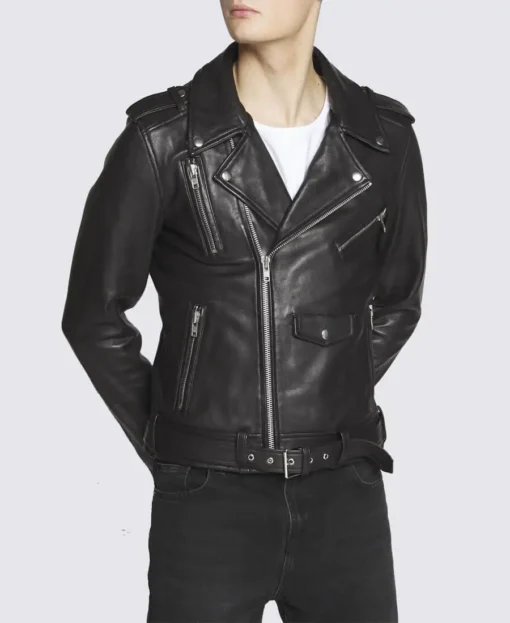 Trent Black Asymmetrical Belted Moto Leather Jacket