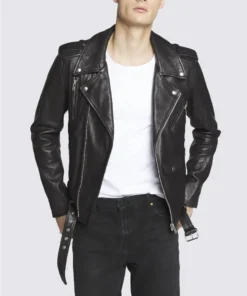 Trent Black Asymmetrical Belted Moto Leather Jacket