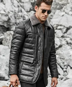 Boston Mens Black Real Leather Puffer Coat with Fur Collar