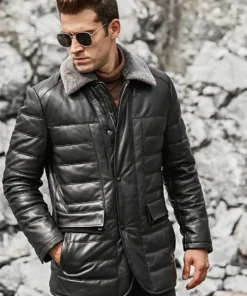 Boston Mens Black Real Leather Puffer Coat with Fur Collar