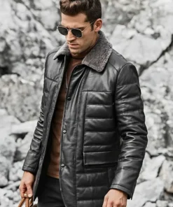 Boston Mens Black Real Leather Puffer Coat with Fur Collar