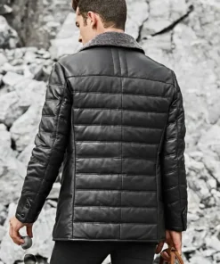 Boston Mens Black Real Leather Puffer Coat with Fur Collar