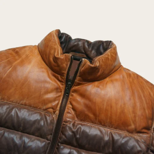 Bridger Mens Tan and Brown Leather Puffer Jacket