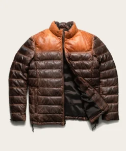 Bridger Mens Tan and Brown Leather Puffer Jacket