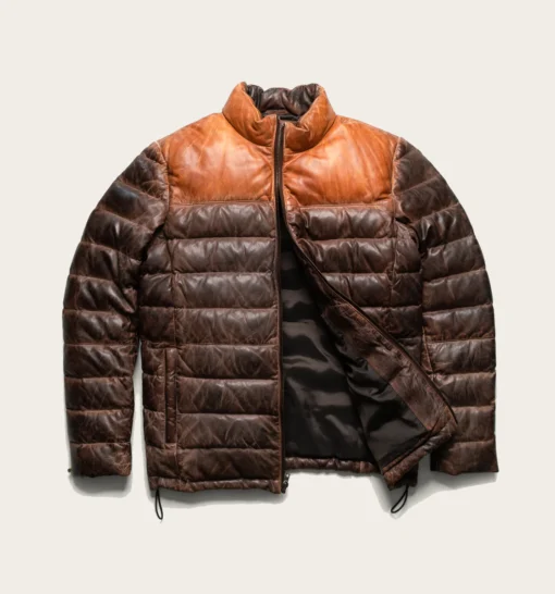 Bridger Mens Tan and Brown Leather Puffer Jacket