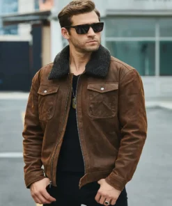 Chris Men’s Real Brown Leather Jacket Removable Fur Collar