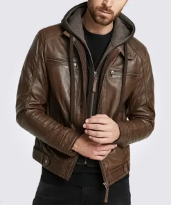 Eric Dark Brown Hooded Motorcycle Leather Jacket