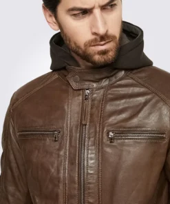 Eric Dark Brown Hooded Motorcycle Leather Jacket