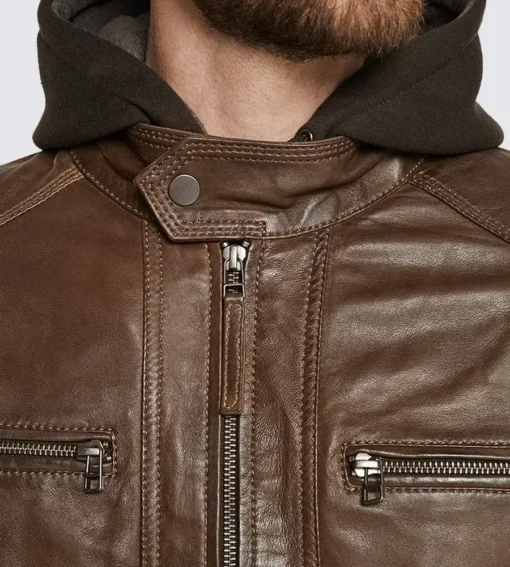 Eric Dark Brown Hooded Motorcycle Leather Jacket