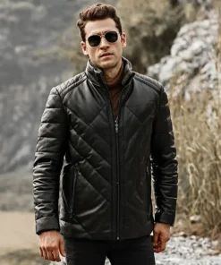 Houston Men’s Puffer Real Leather Jacket Stand Fur Collar