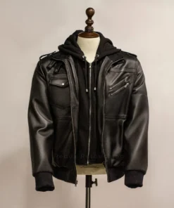 Men’s Black Bomber Leather Jacket with Hood