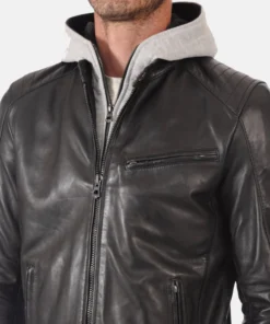 Men’s Alpha Black Hoodie Real Leather Jacket