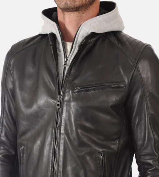 Men’s Alpha Black Hoodie Real Leather Jacket