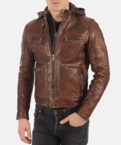 Mens Athens Cognac Removable Hoodie Genuine Leather Jacket