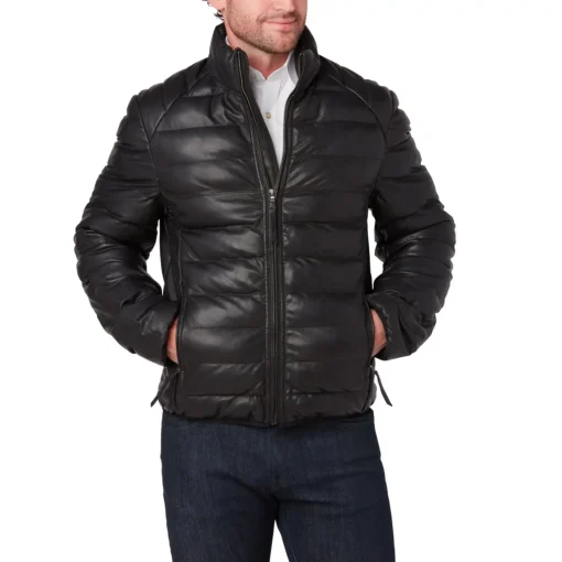 Men’s Black Leather Puffer Jacket