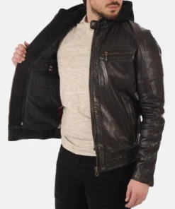 Men’s Athens Black Hooded Genuine Leather Jacket