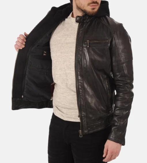 Men’s Athens Black Hooded Genuine Leather Jacket